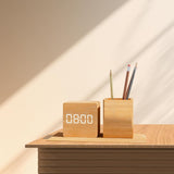 WOODEN TABLE LED ALARM  CLOCK WITH PEN HOLDER