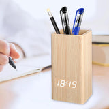 WOODEN TABLE LED ALARM  CLOCK WITH PEN HOLDER
