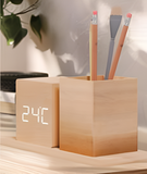 WOODEN TABLE LED ALARM  CLOCK WITH PEN HOLDER